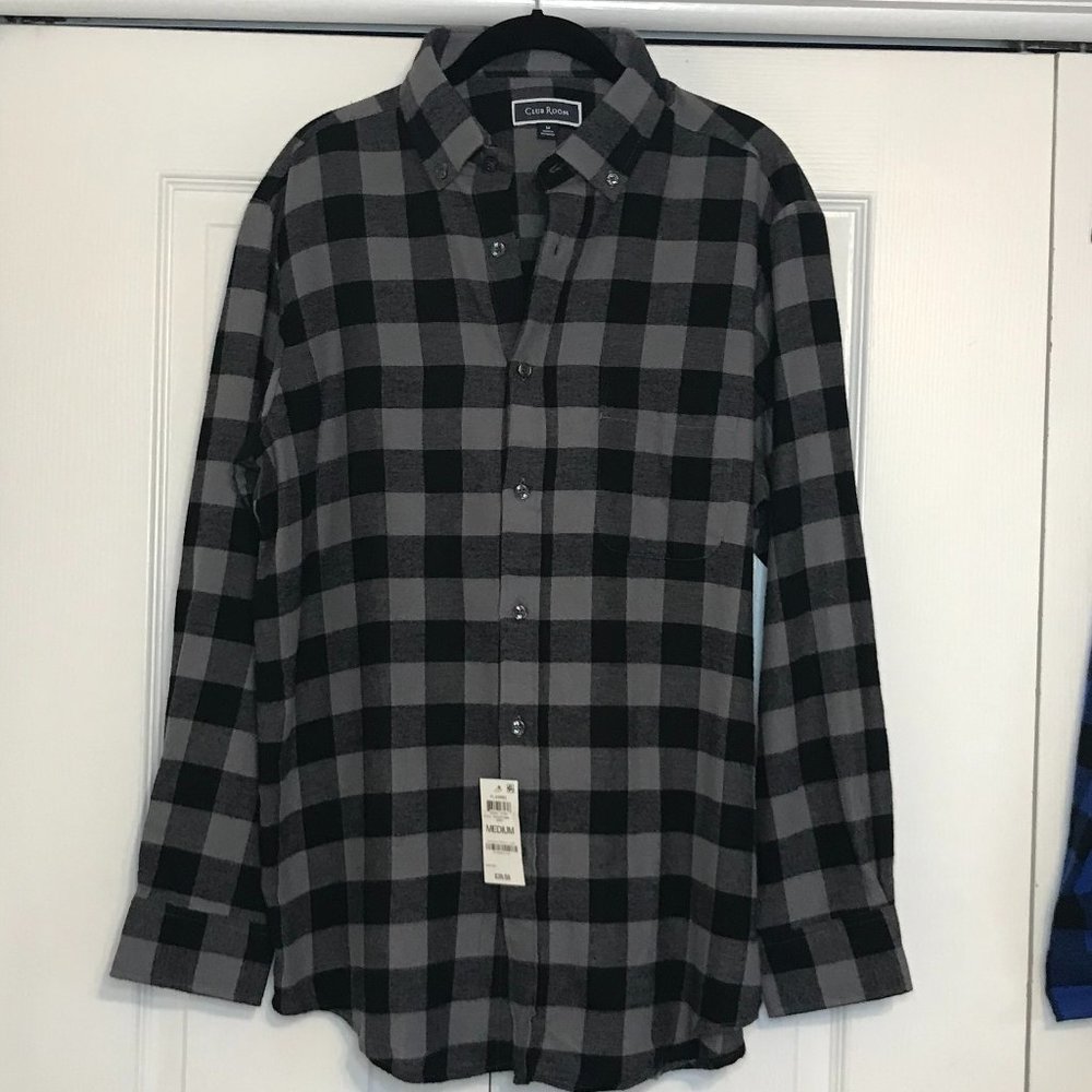 Club Room Grey and Black Plaid Men's Button Down Flannel Long Sleeve Shirt
